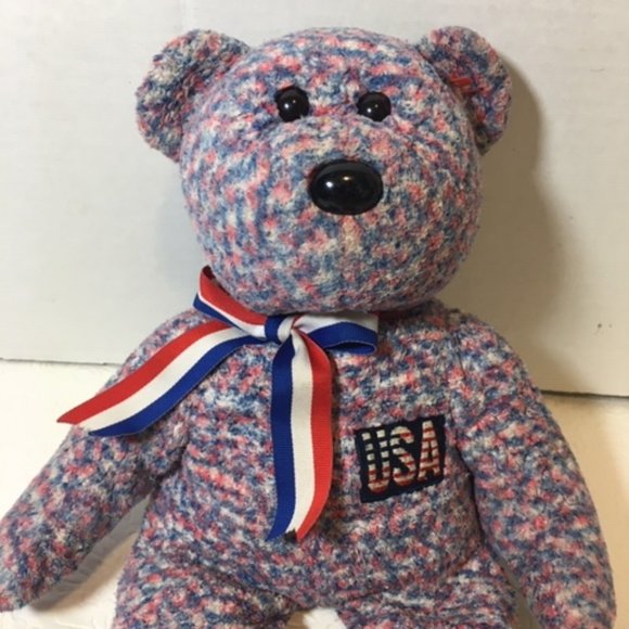 Ty Beanie Buddies 2002 Bear USA 13" Red White Blue Ribbon Bow Patriotic - Picture 2 of 6
